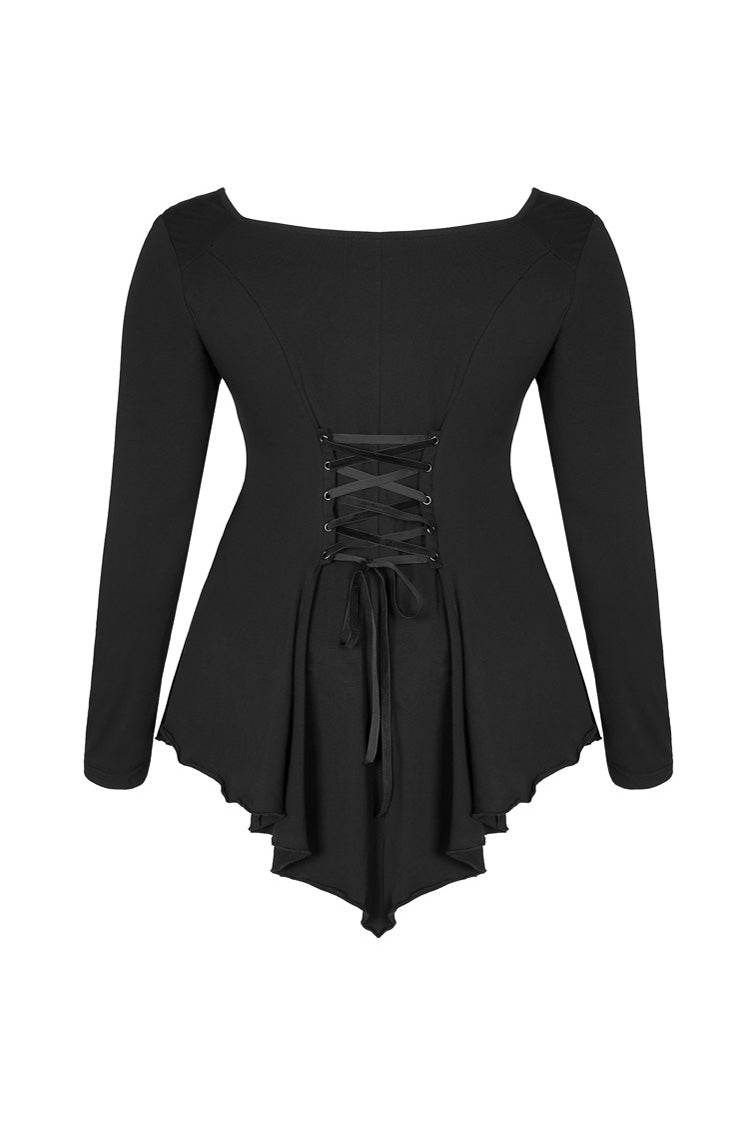 Plus Size Gothic Tee with Round Collar & Back Lace-Up Frill