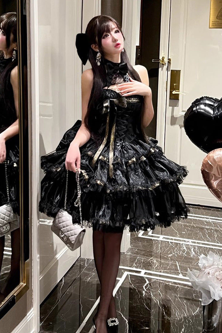 Black First Kiss Halterneck Triple-Layered Ruffle Lace Gothic Princess
