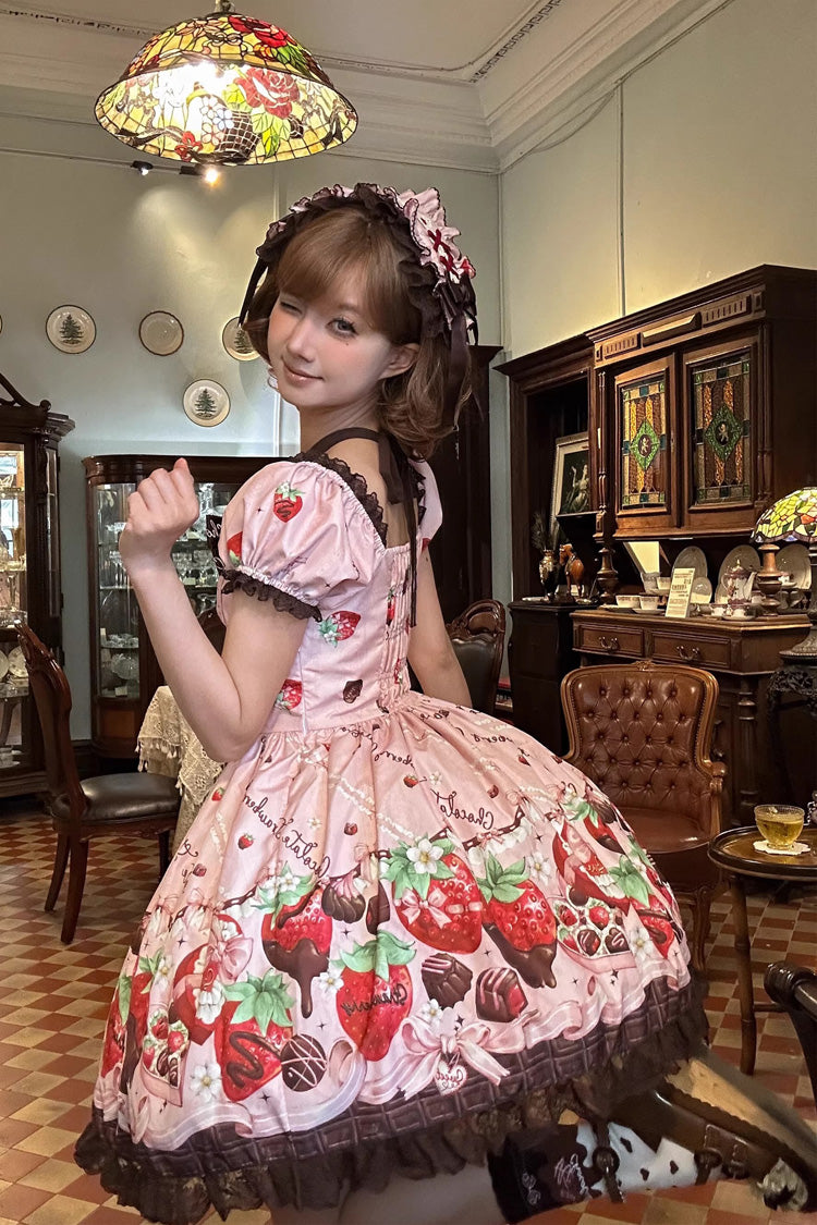 Chocolate Lover Square Collar Printed Bow Lace Sweet Lolita Dress