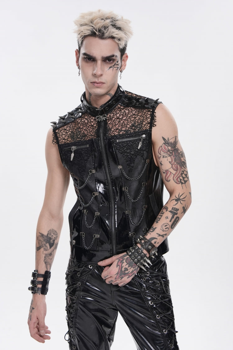 Noir Punk Vest with Chains, Studs, and Mesh Accents