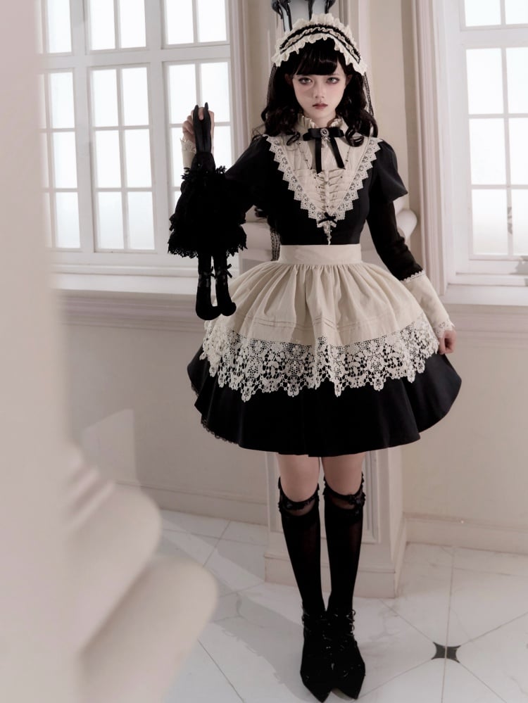 Black Beige Ruffle Banded Collar Lolita Short Dress