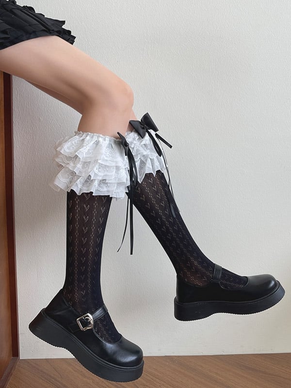 Heart Trims Print White/Black Underknee Stockings Lace Ruffle Bowknot