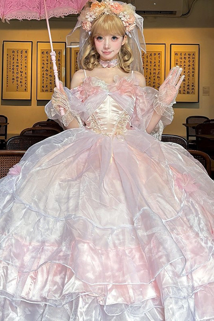 Off Shoulder Short Sleeve Multi-Layered Ruffled Hanayome Bow Lace Sweet Plus Size Lolita Dress - Pink