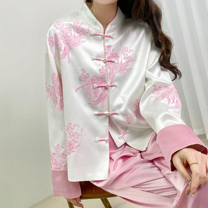 Vintage Floral Embroidery Buckle Long Sleeve Satin Shirt