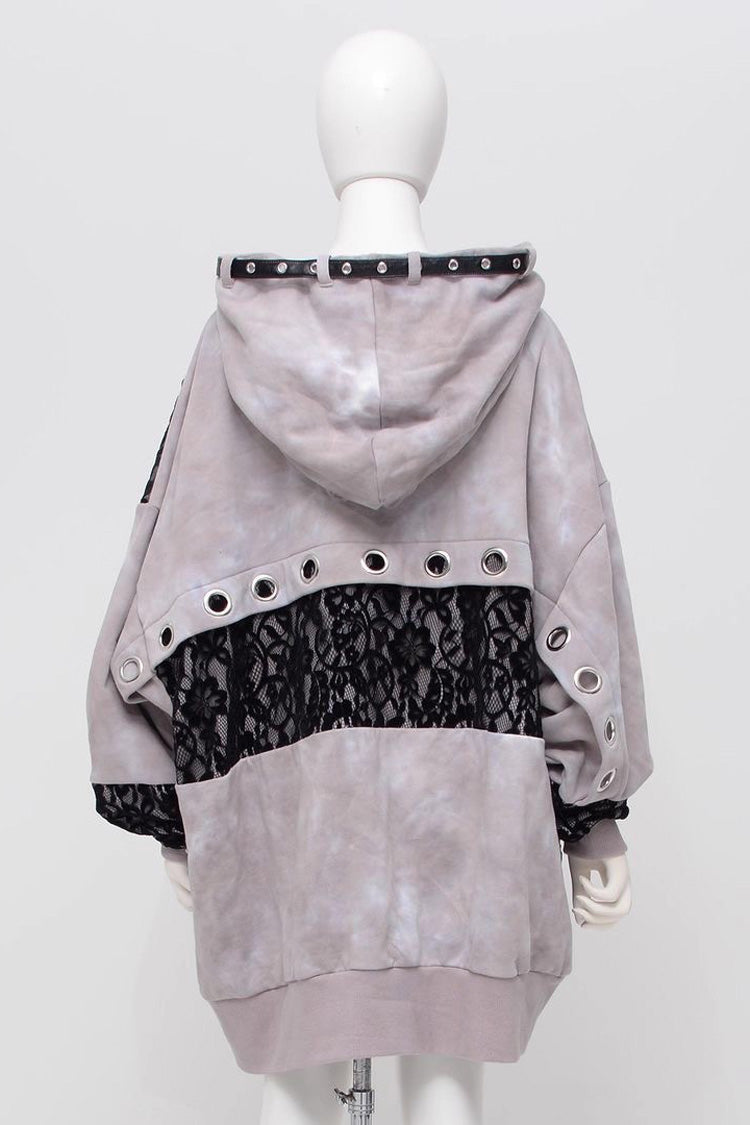 Color Blocking Long Sleeve Print Hooded Tie-Dyed Zipper Jirai Kei Coat