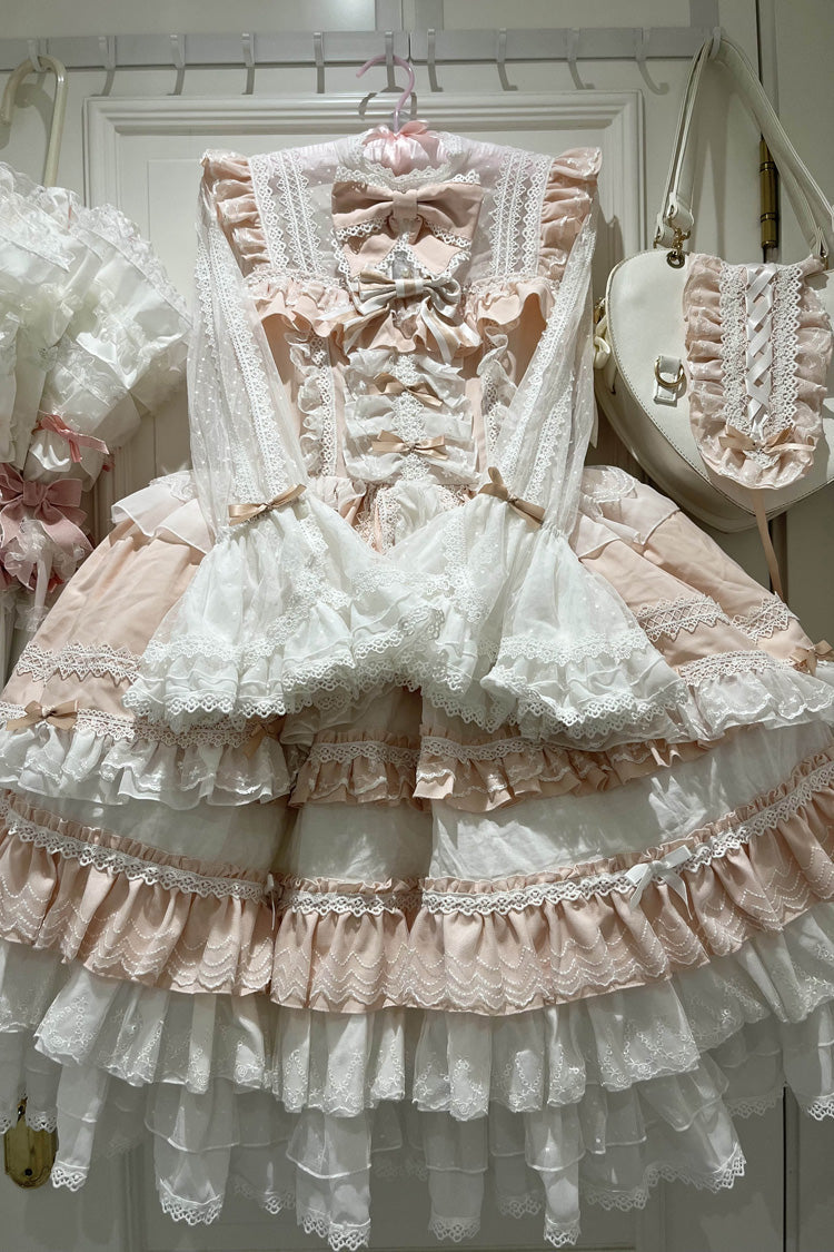 Pink Long Sleeve Layered Ruffle Bow Lace Sweet Dress