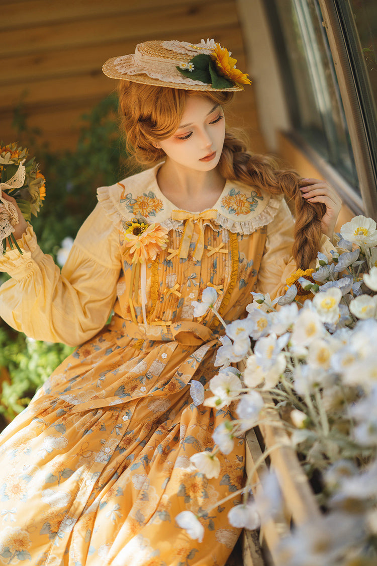 Yellow Sunflower Sleeveless Floral Bow Elegant Jsk Dress
