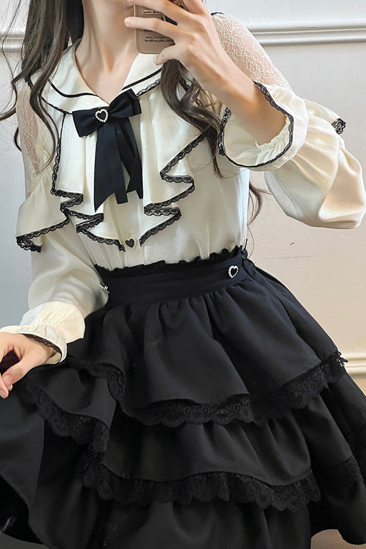Monochrome Sailor-Collar Jirai Kei Skirt Set with Multi-Layered Ruffles and Bow