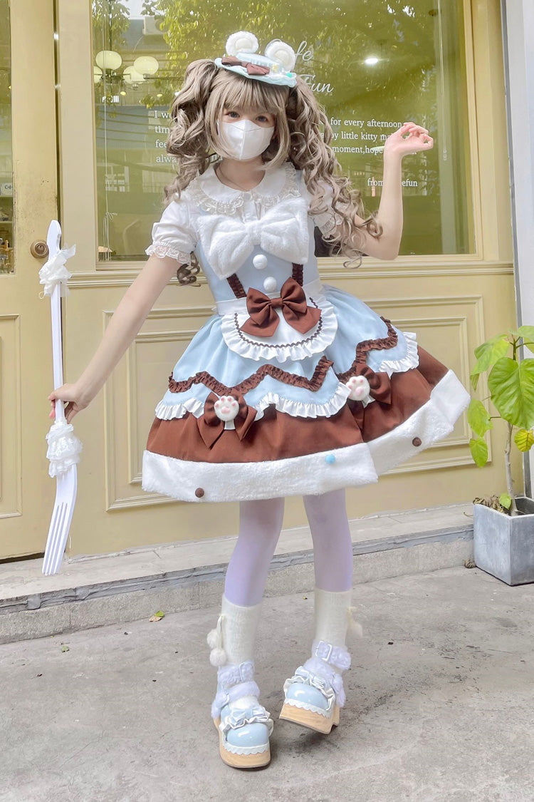 Cream Snow Cat Winter Ruffle Bowknot Sweet Lolita JSK