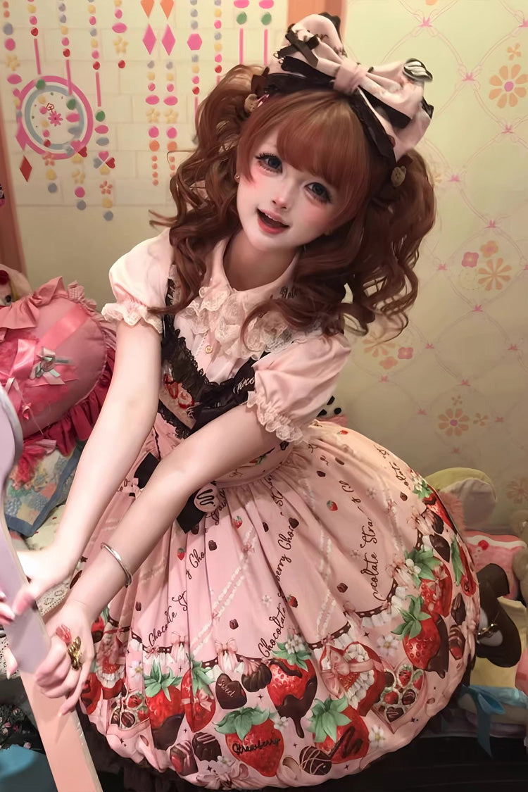 Sleeveless Printed Ruffled Embroidered Bow Lace Sweet Lolita Jsk Dress - Strawberry Chocolate Lover