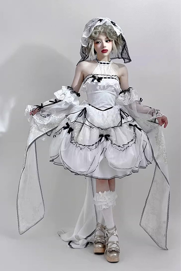 Cascade Poem Sleeveless Multi-Layered Ruffled Hanayome Bow Lace Gothic Plus Size Gorgeous Lolita JSK Short Dress - White