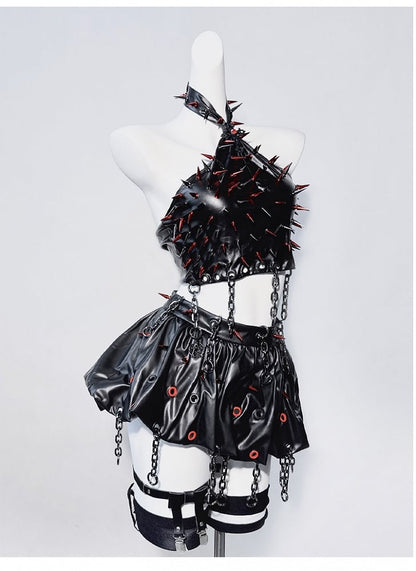 Punk Black Studs Cross Chain Design Sleeveless Top+Skirt Set