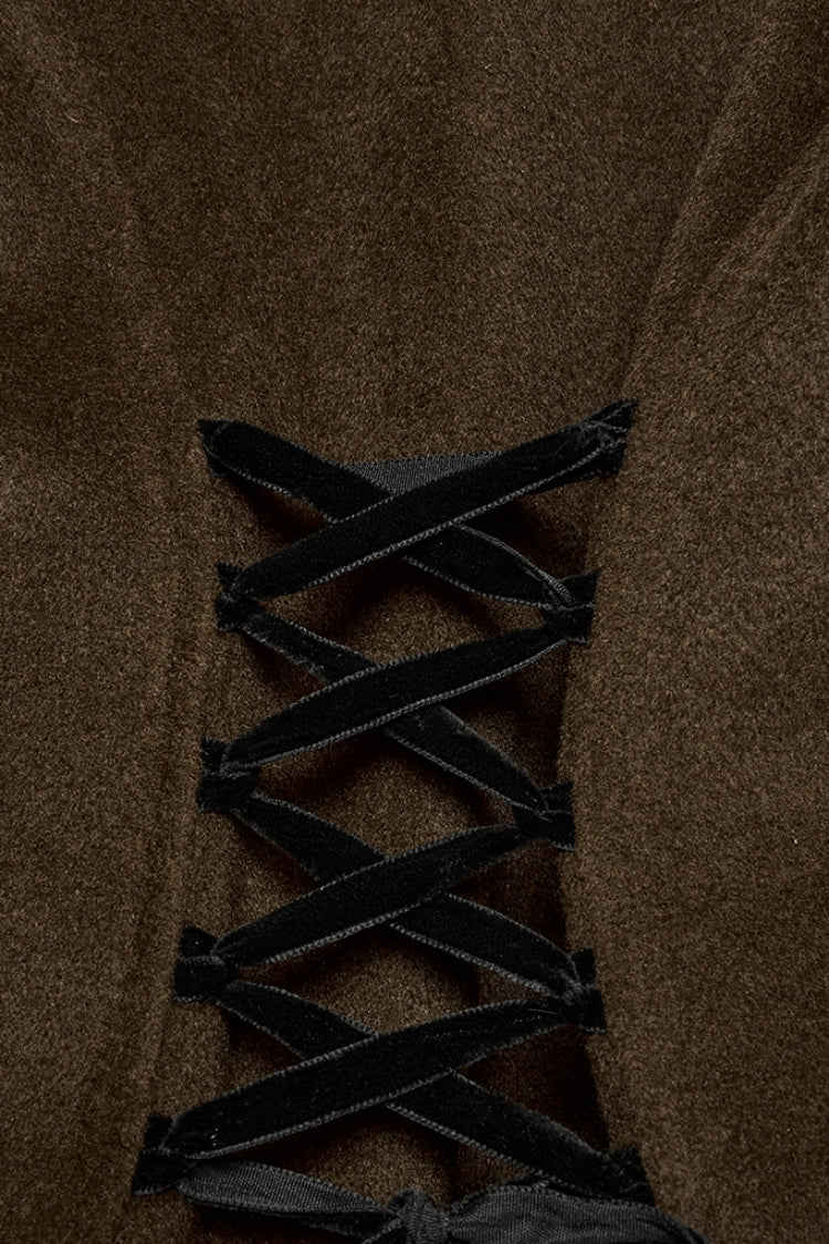Detachable Faux Fur Trimmed Gothic Coat with Lace-Up Details
