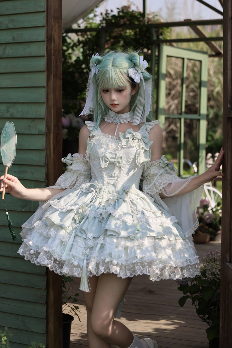Green [Prelude of Spring Cherry] Square Collar Sleeveless Multi-Layered Jacquard Ruffled Bow Lace Pearl-Decorated Sweet Lolita Jsk Dress