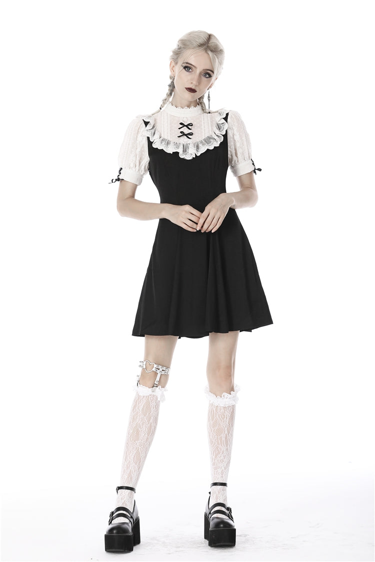 Black/White Stand Collar Short Sleeves Ruffled Women's Sweet Gothic Lolita Doll Midi Dress