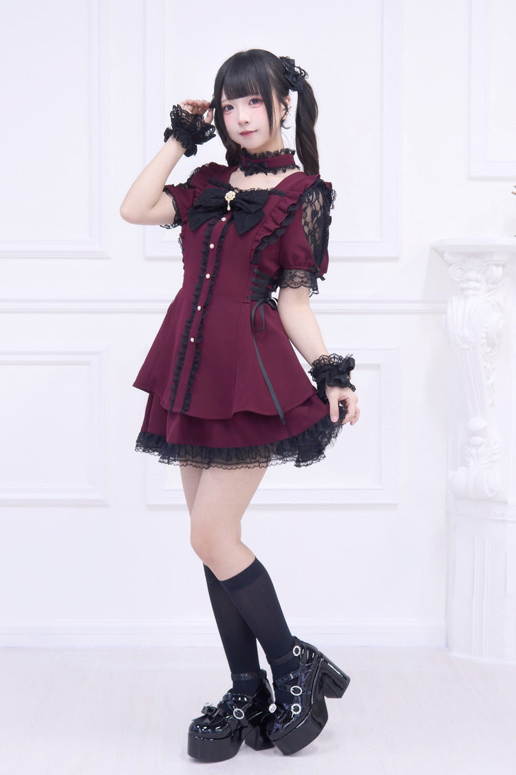 Red Short Sleeve Ruffled Bow Gothic Jirai Kei Dress Set