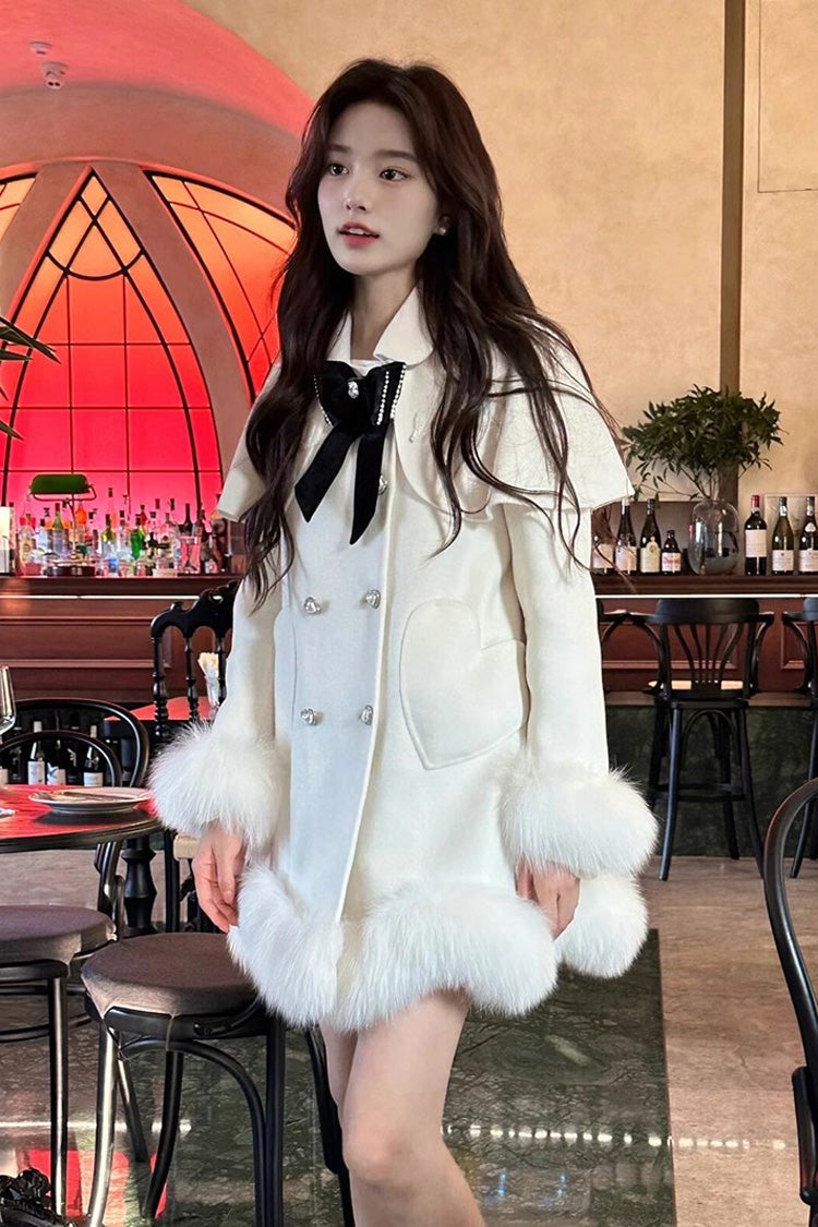 Ivory Bow Accent Sweet Princess Cape Coat