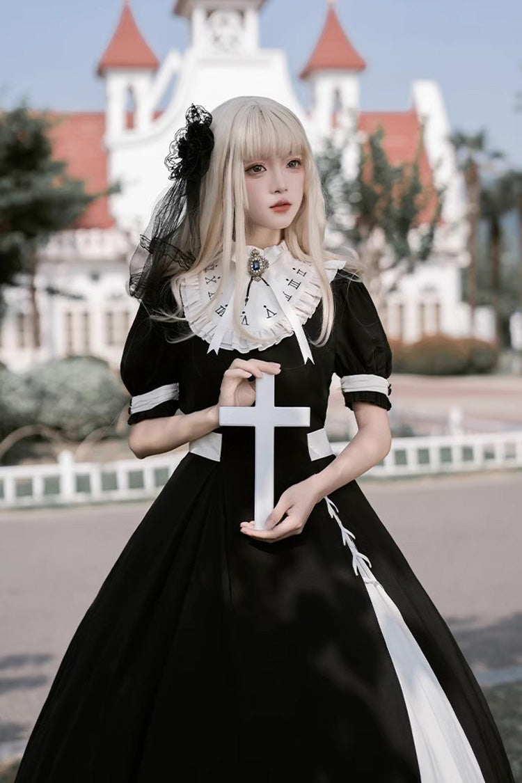 Monochrome Color-Blocked Gothic Dress with Detachable Embroidered Faux Collar