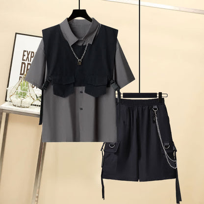 Gothic Buckle Pocket Vest Lapel T-Shirt Chain Cargo Shorts Pants