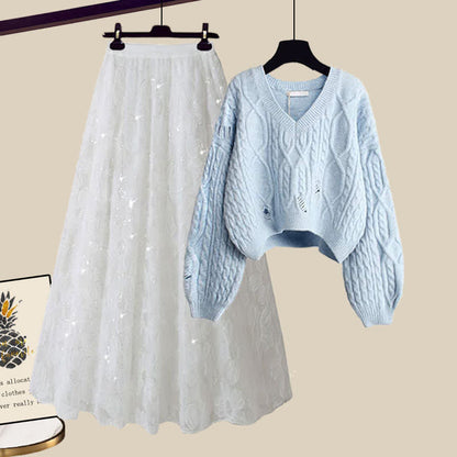 Chic Cable Knit Sweater Flower Pattern Tulle Skirt