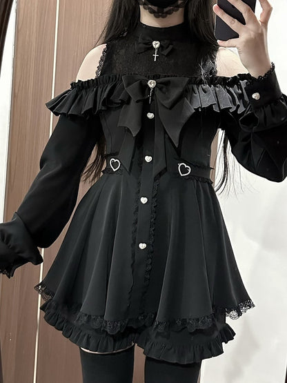 Black Jirai Kei Set Cutout Shoulder Landmine Dress Ruffle Trim Shorts Bows