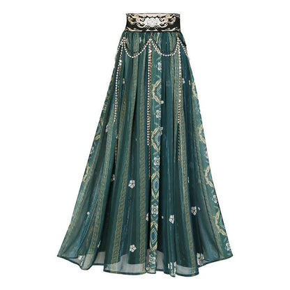 Fascinating  Embroidery Top Pearl Chain Decor High Waist Skirt