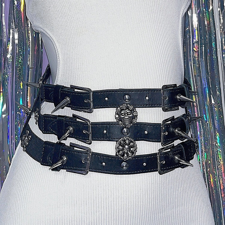 Black Studs Skeleton Layered Waist Belt