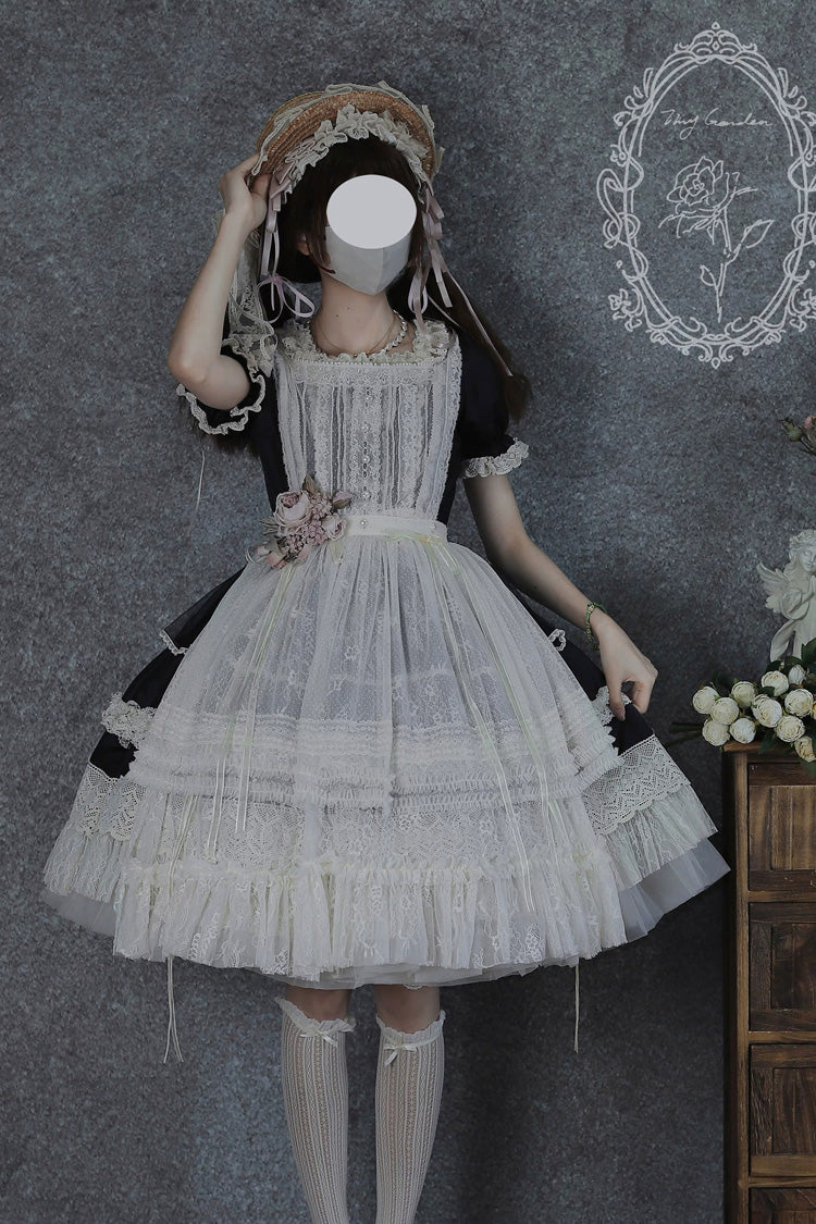 Noir Square Neck Short Sleeve Lace Pearl Sweet Dress - Vintage Ball 3.0
