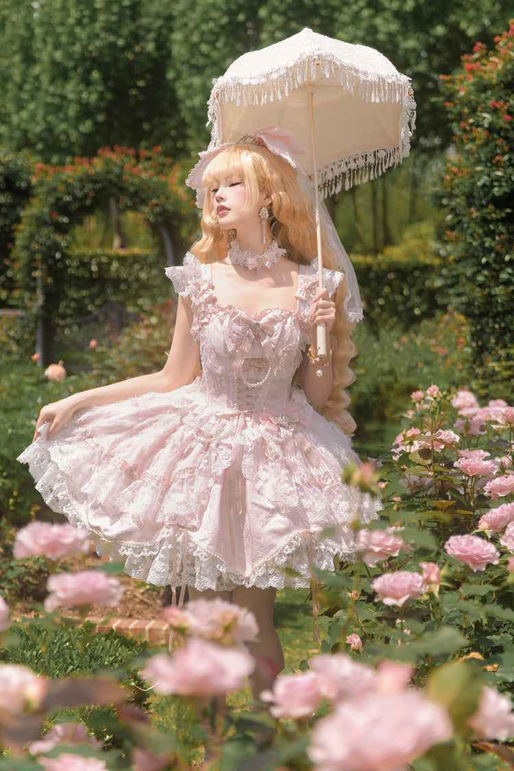 Pink [Anna’s Ball] Square Collar Ruffled Hanayome Bow Lace Sweet Princess Ballet Lolita Jsk Dress