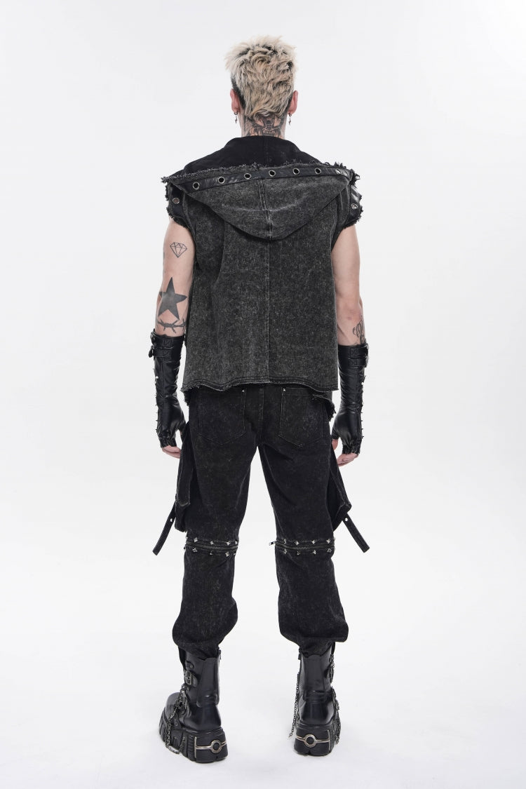 Noir Punk Vest with Hood and Buckle Accents