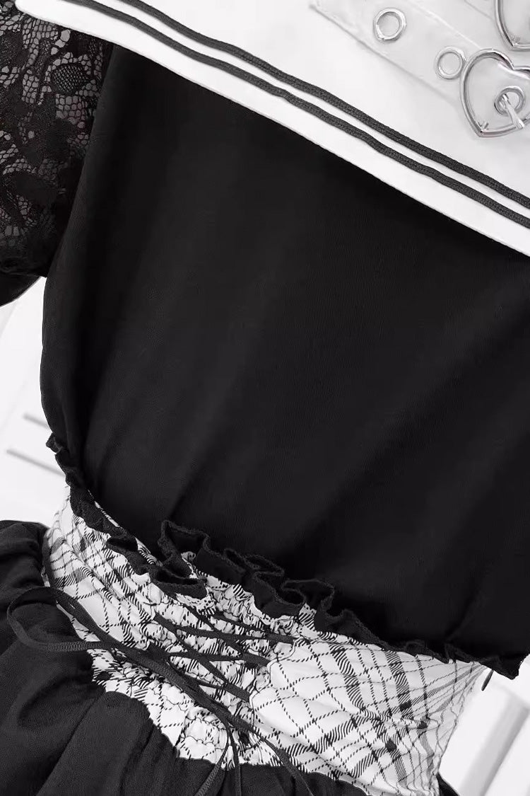 Monochrome Sailor Collar Bow Print Jirai Kei Skirt and Top Set