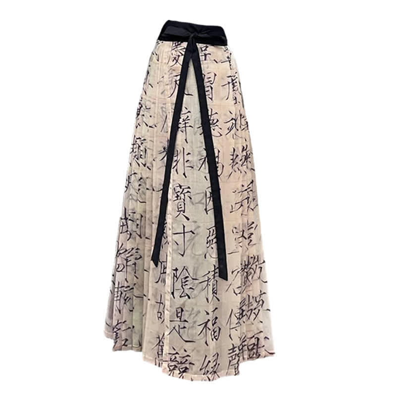 Vintage Character Print Pleated Lace Up Hanfu Skirt