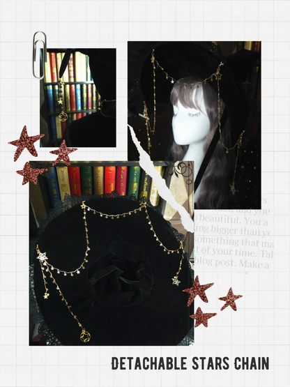 Halloween Dark Fancy Shiny Veil and Stars Chain Witch Hat