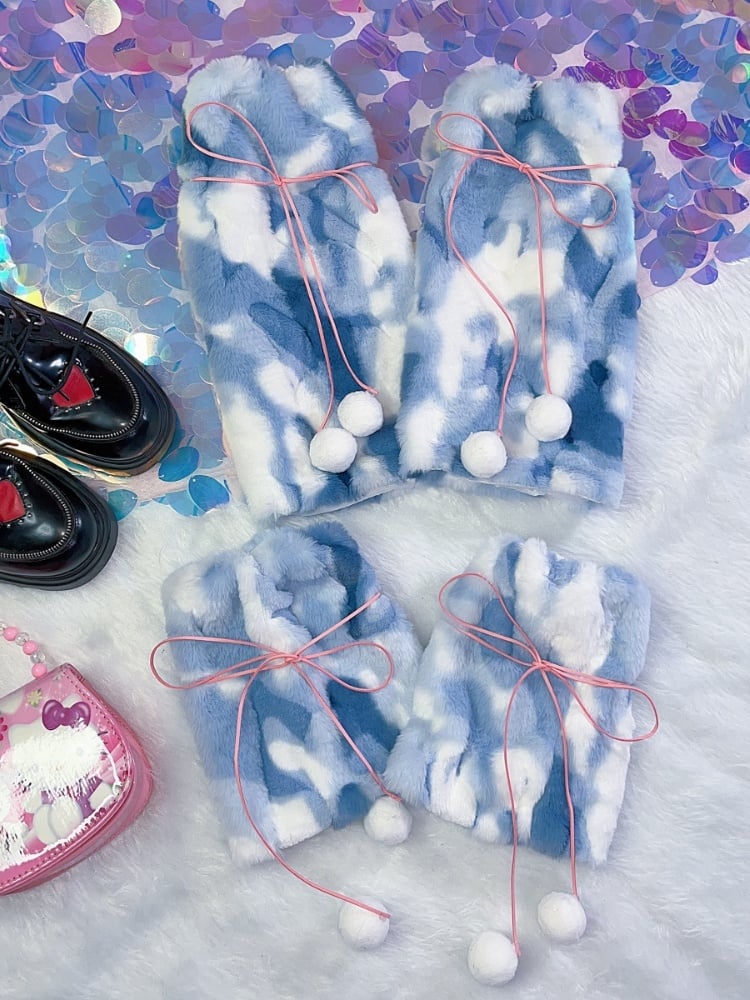 Blue White Yume Kawaii Pompons Detail LegWarmers