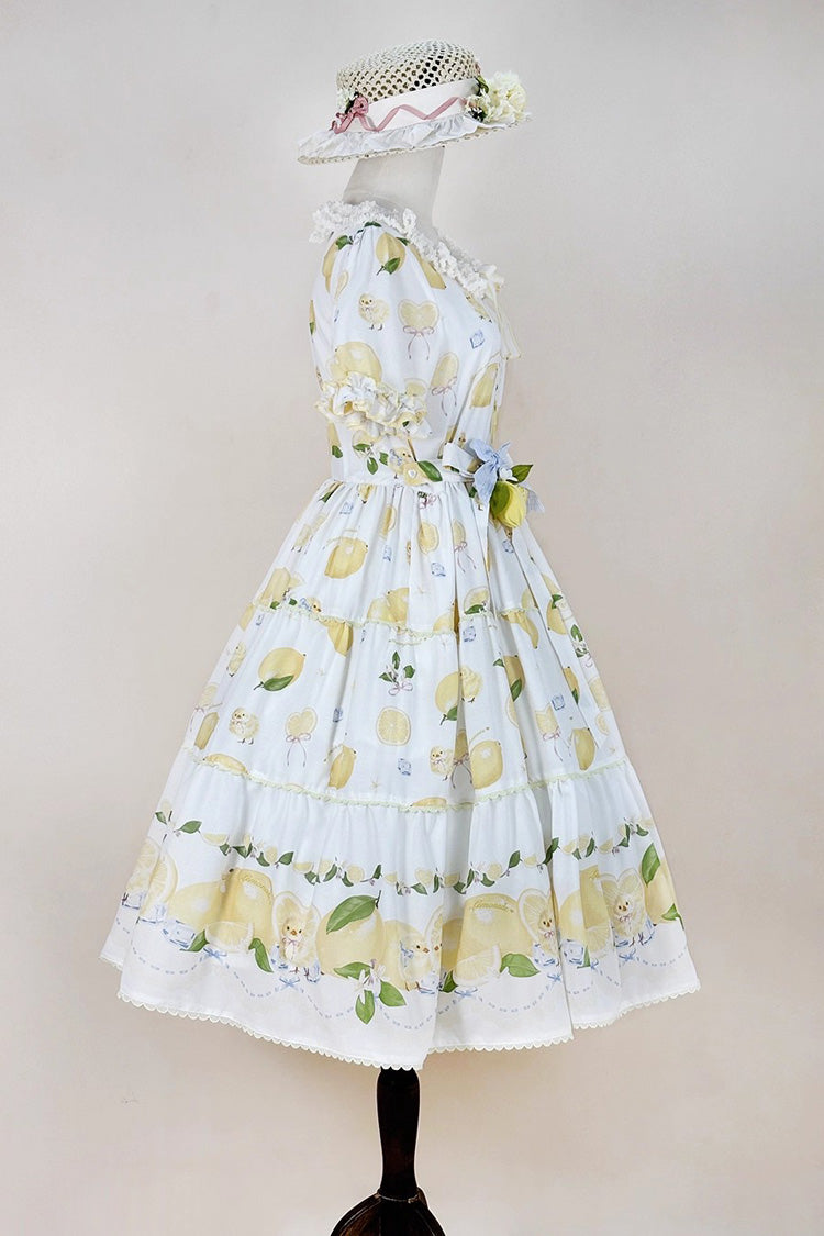 Print Ruffled Bow Lace Daily Sweet Lolita Dress - White Lemon Chicken