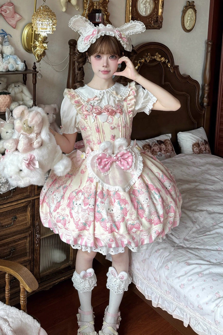 Strawberry Print Sleeveless Bowknot Sweet JSK Dress in 2 Colors - Cream Rabbit Strawberry