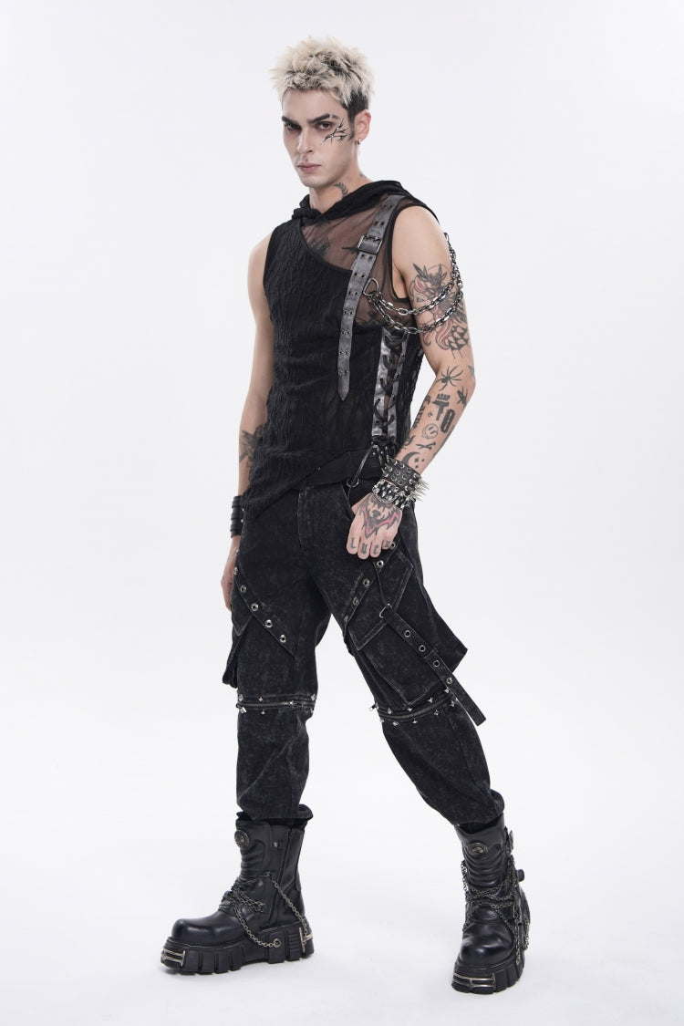 Men's Punk Hooded Vest with Sheer Asymmetric Chain-Decorated Design