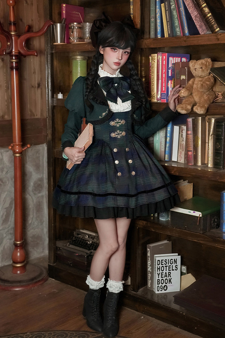 Berlin's Letter Double-Layered Plaid Ruffle Bowknot College Strap Dress