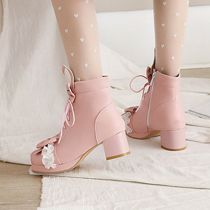 Sweet Strawberry Bow Lolita Lace Up Boots