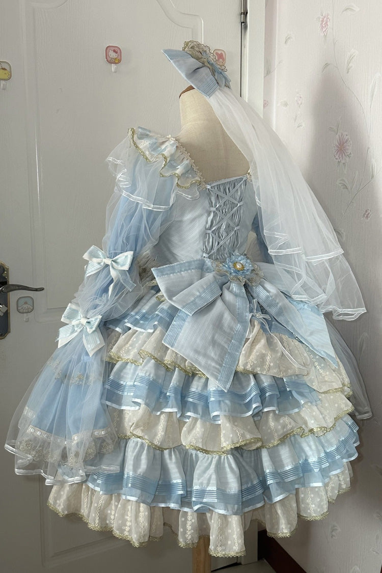 Blue Multilayer Ruffled Bowknot Lace Sweet Princess Lolita Dress
