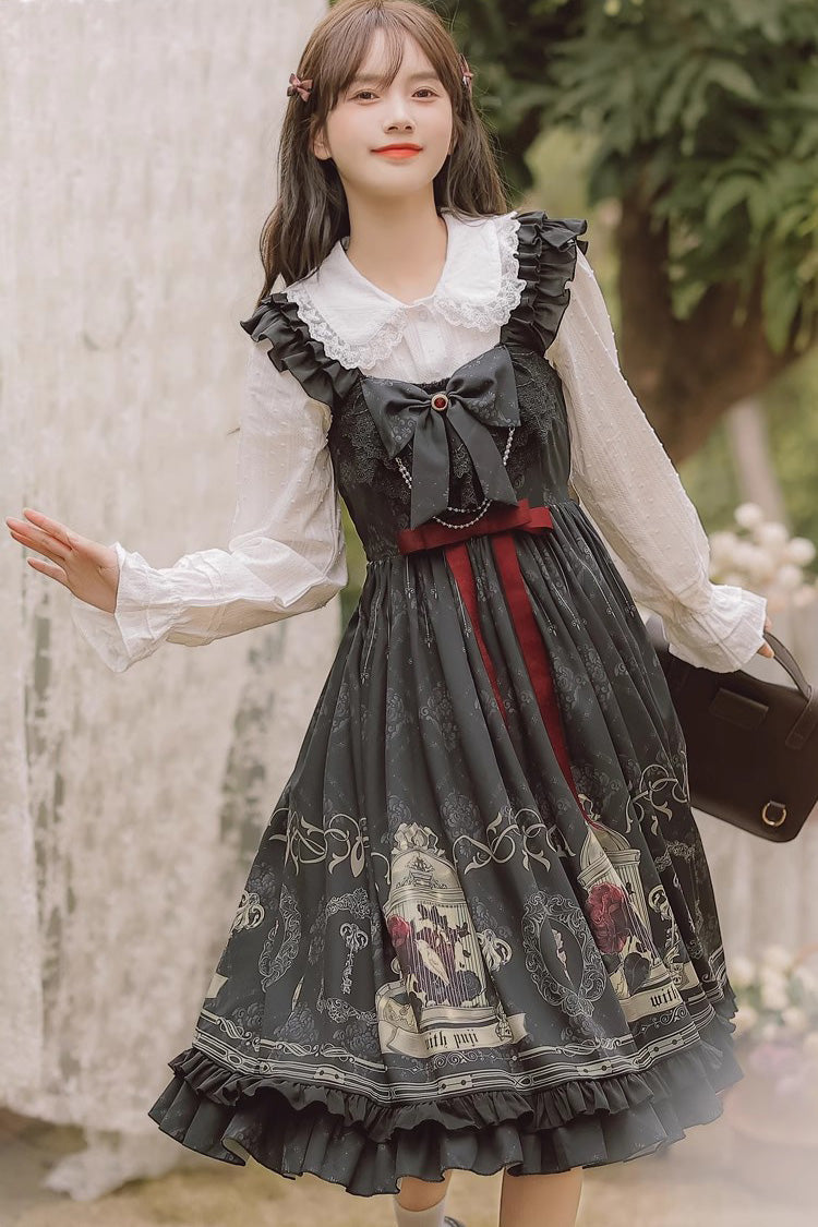 Black Birdcage Rose Print Dress - Gothic Princess