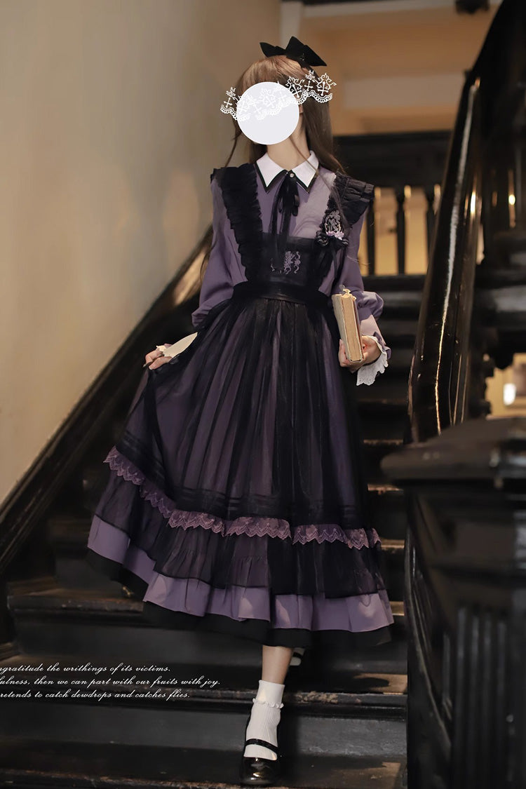 Noir Double Layer Ruffle Embroidered Bow Mesh Sweet JSK - Witch Academy