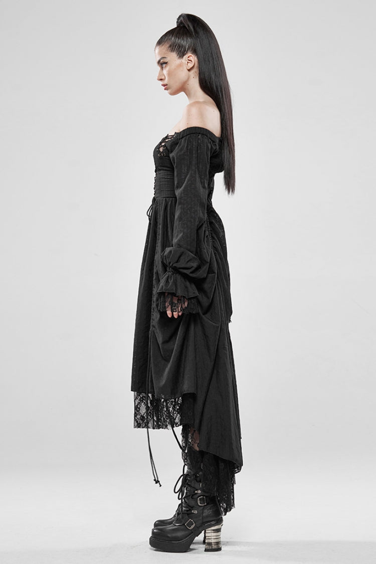 Black Off-Shoulder Long Puff Sleeves Ruffle Mesh Gothic Gown