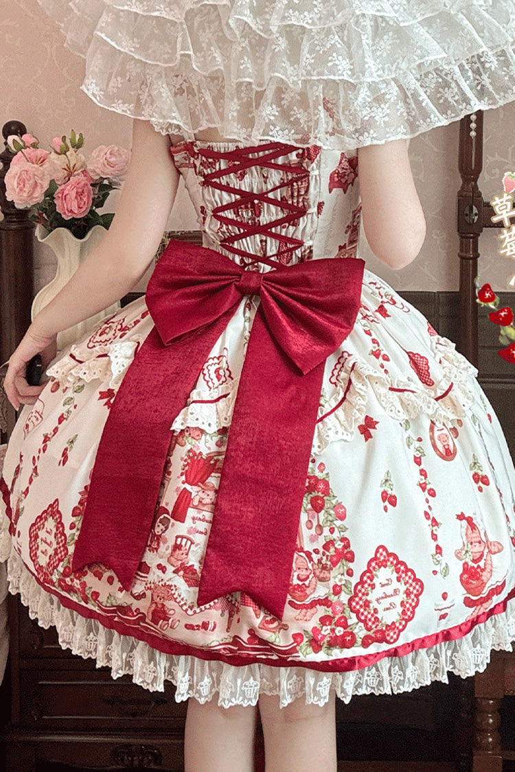 Ivory Scarlet Sleeveless Printed Ruffle Embroidered Bow Lace Sweet Jumper Dress - Strawberry Bear
