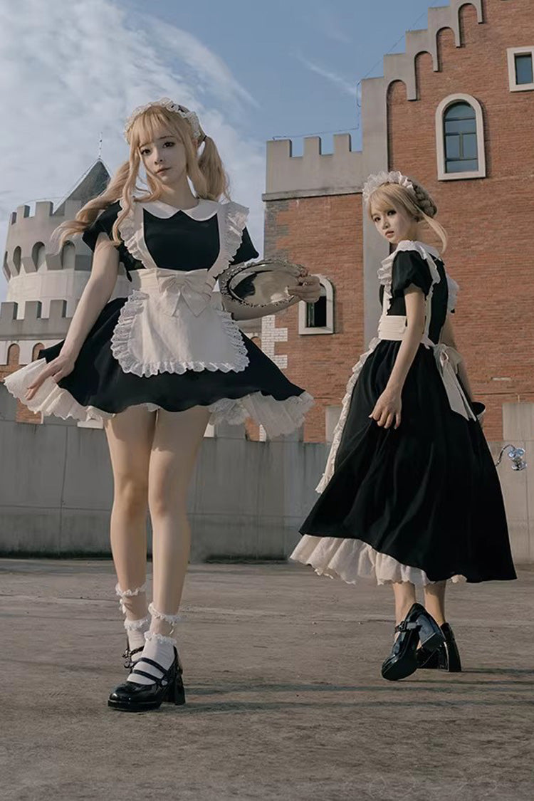 Monochrome Sweet Maid Dress with Ruffled Bow and Round Collar - Two Lengths