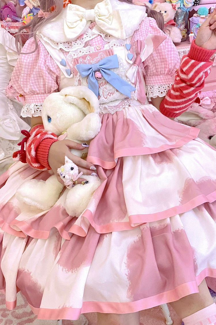 Pink Sleeveless Triple Layer Cow Print Ruffle Bow Sweet Jsk