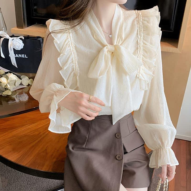 Elegant Bowknot Flouncing Chiffon Shirt