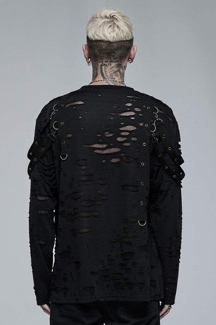Gothic Distressed Knit Metal Buckle Removable Strap Long-Sleeve Tee