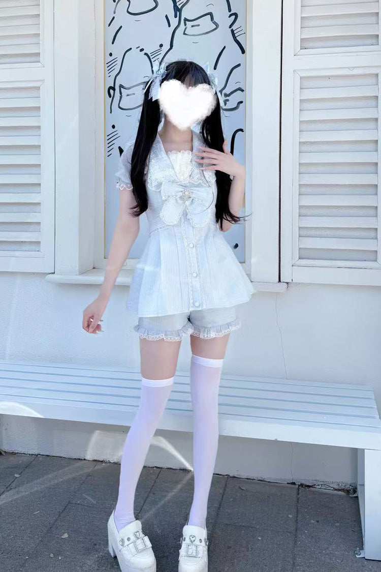 Aqua Short Sleeve Ruffled Bow Lace Sweet Jirai Kei Dress Set