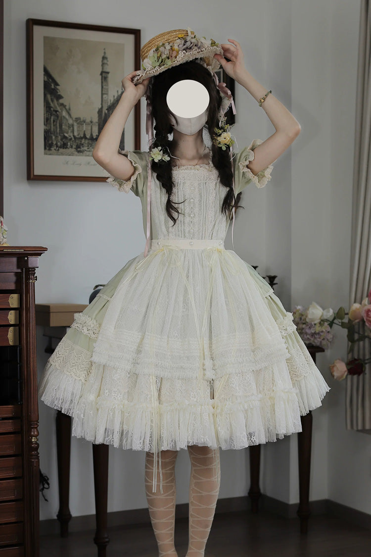 Vintage Ball Square Collar Lace Pearl Sweet Dress in Muscat Green